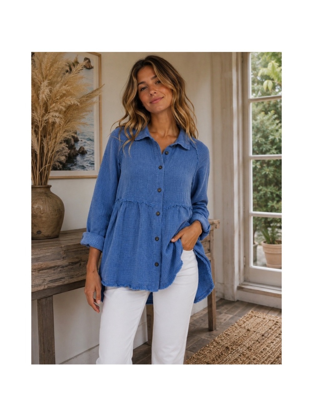 white birch gauze size S runs large Blue Button-Front Peplum Blouse